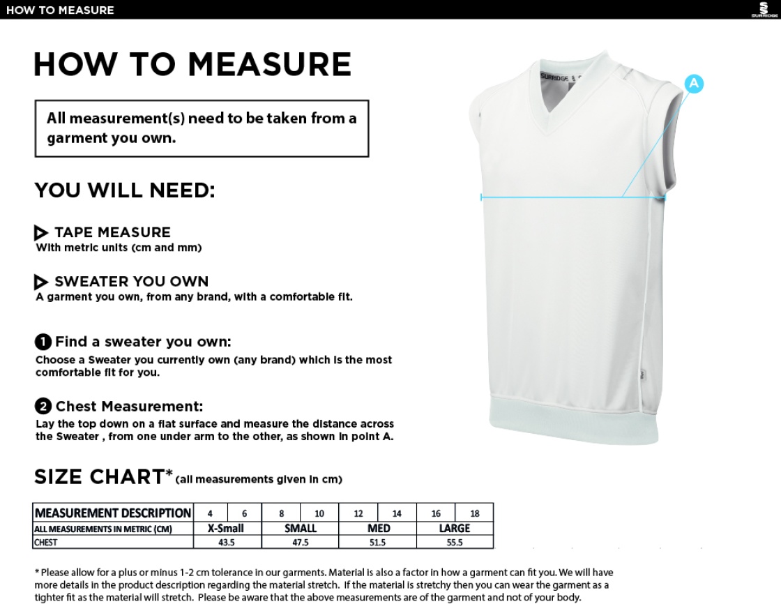 Chudleigh CC Blast Sleeveless Women's Cricket Sweater - Size Guide