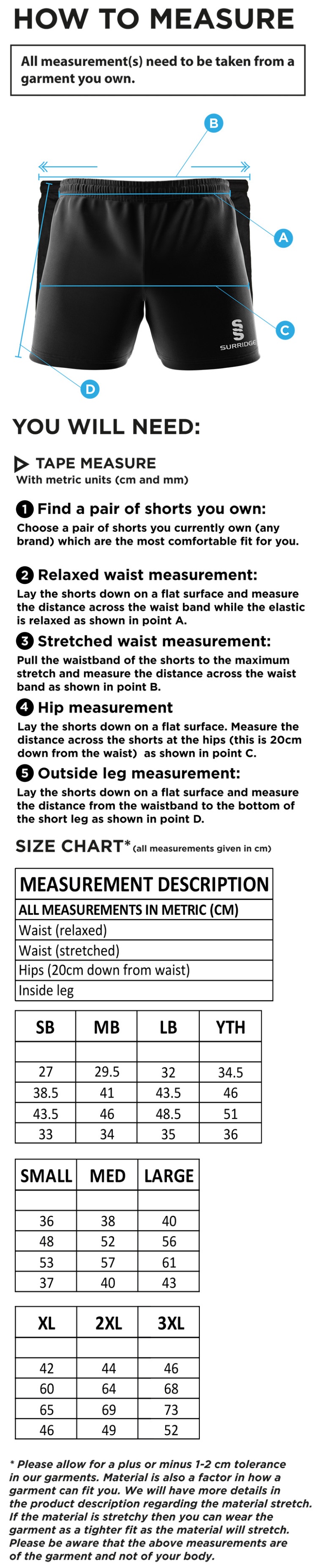 Chudleigh CC - Dual Shorts Navy - Size Guide