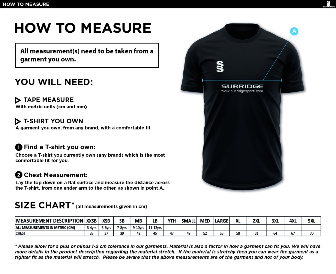 Chudleigh CC - Dual Blade T-shirt - Size Guide