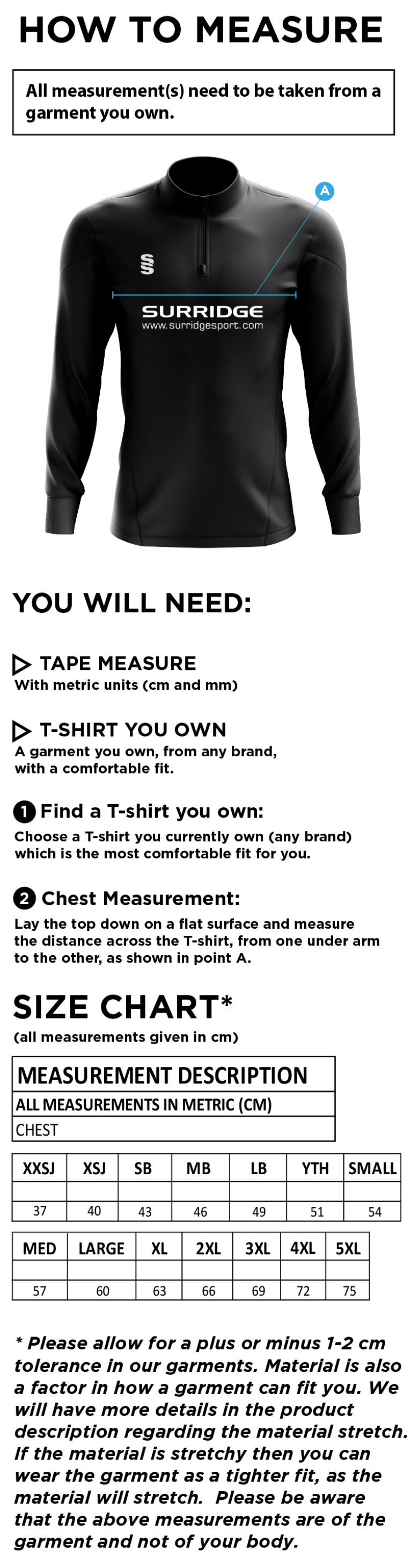 Chudleigh CC - Dual Blade Mid-layer - Size Guide