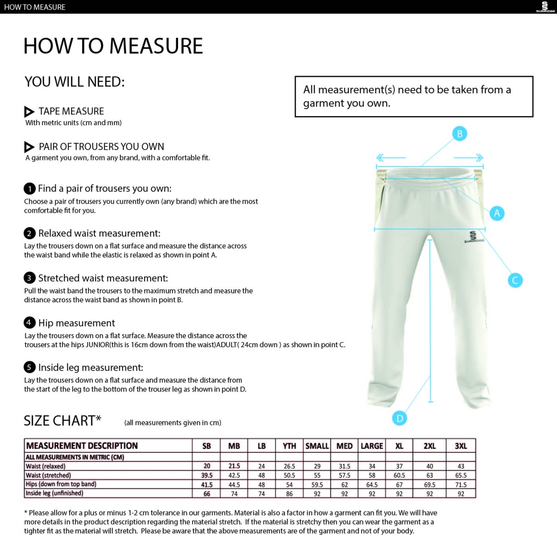 Chudleigh CC - Standard Playing Pant - Size Guide