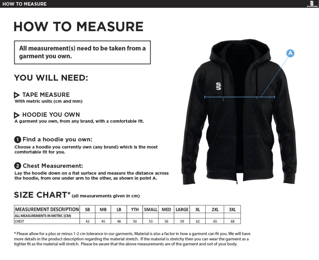 Chudleigh CC - Dual Full Zip Hoody - Size Guide