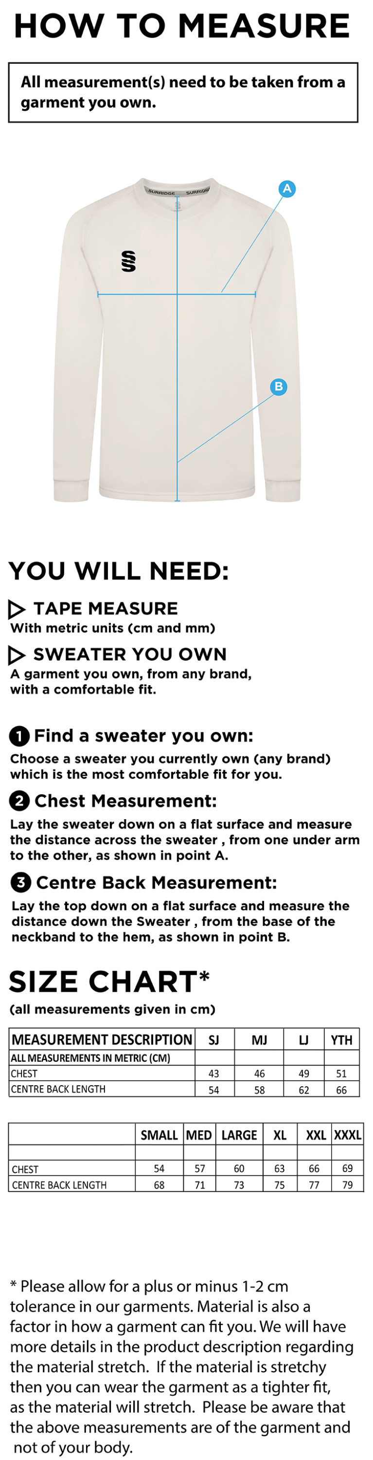 Chudleigh CC Blast Long Sleeve Cricket Sweater - Size Guide