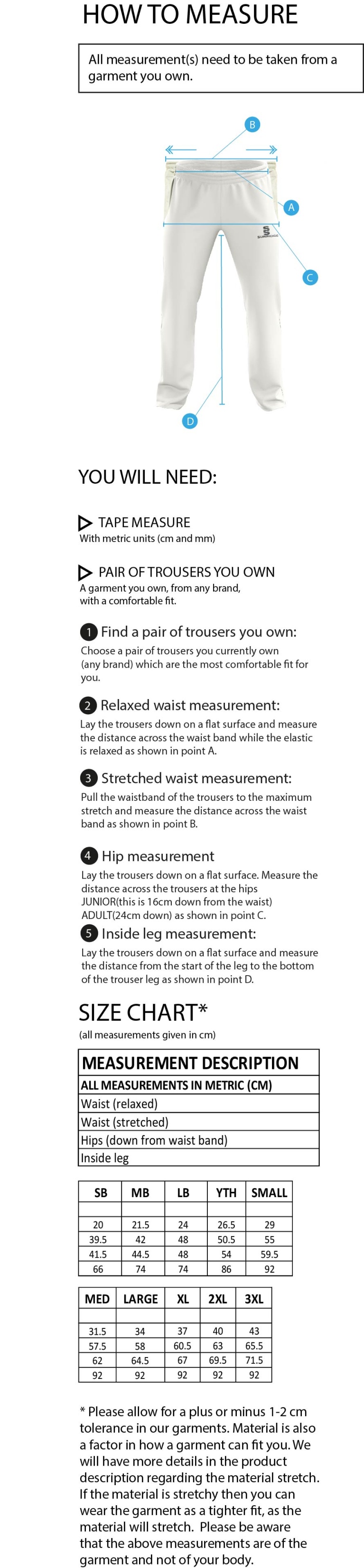 Chudleigh CC - Standard Playing Pant - Size Guide