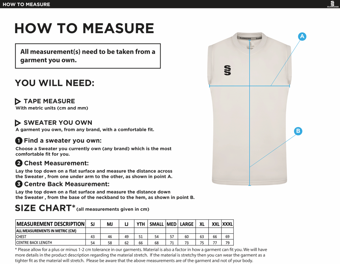 Chudleigh CC Blast Sleeveless Cricket Sweater - Size Guide