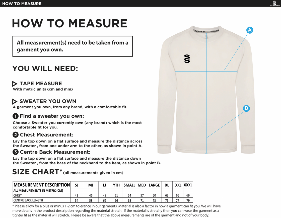 Chudleigh CC Blast Long Sleeve Cricket Sweater - Size Guide