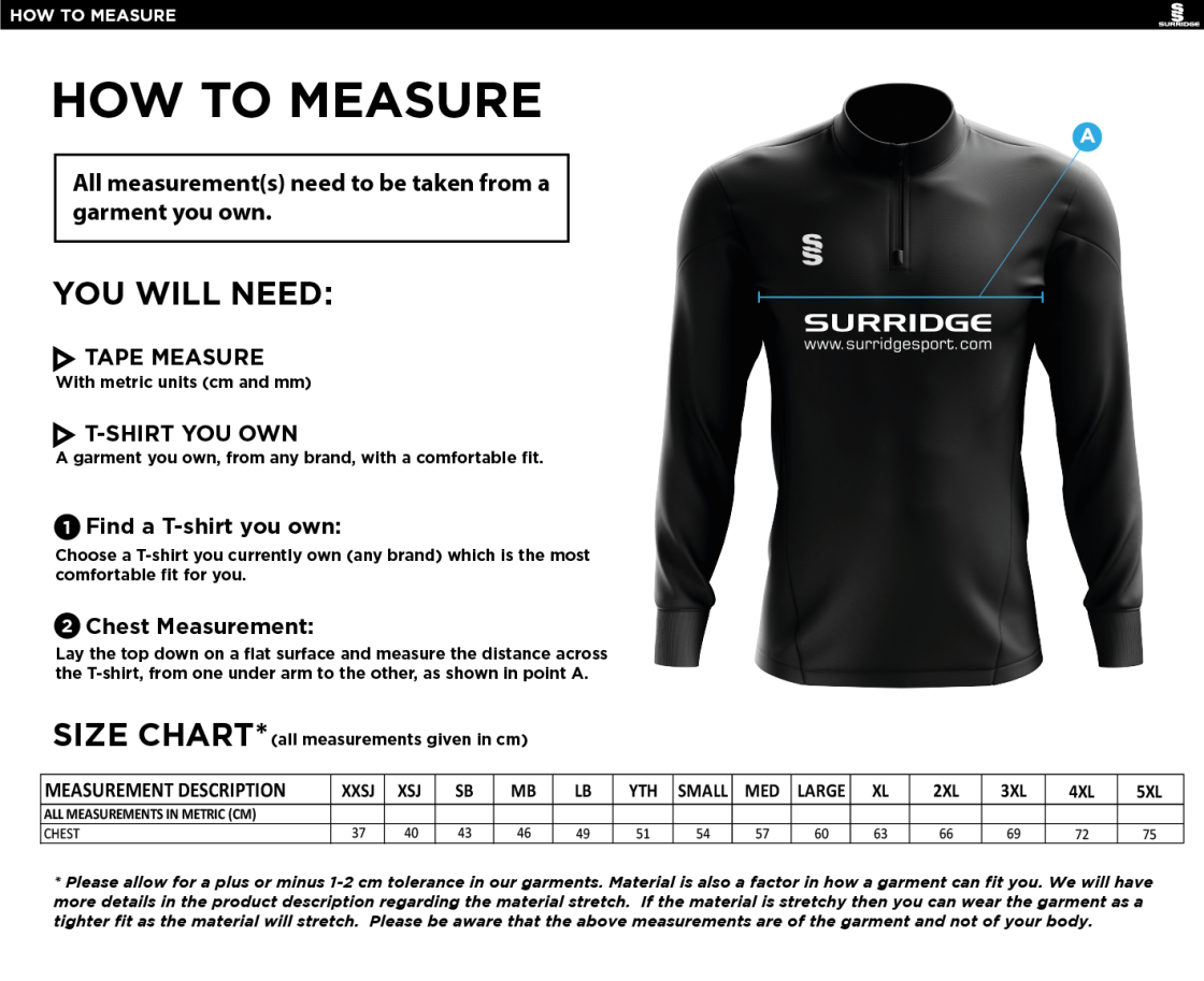 Chudleigh CC - Dual Blade Mid-layer - Size Guide