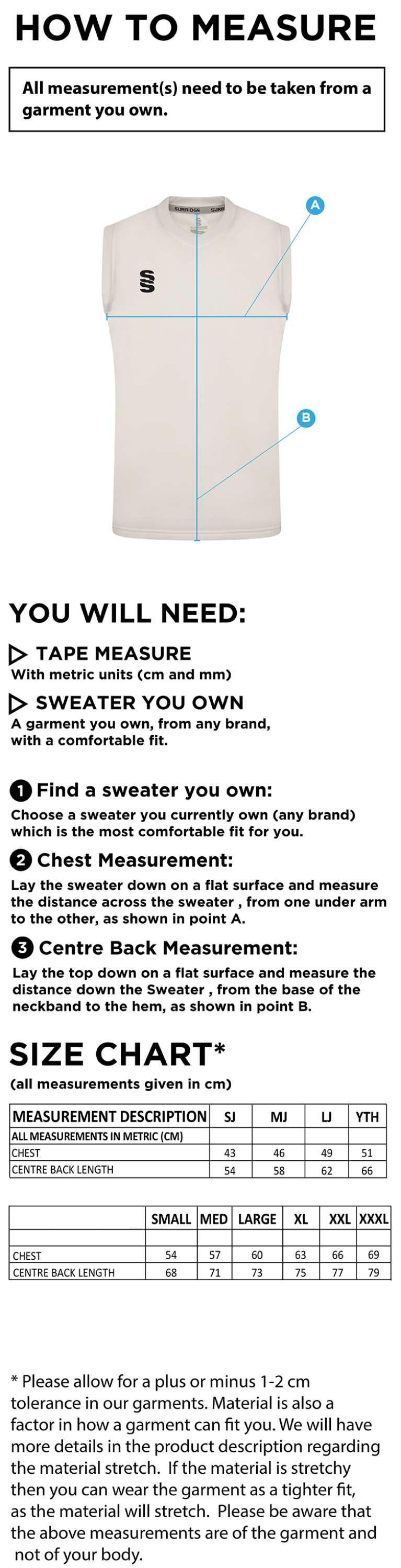 Chudleigh CC Blast Sleeveless Cricket Sweater - Size Guide