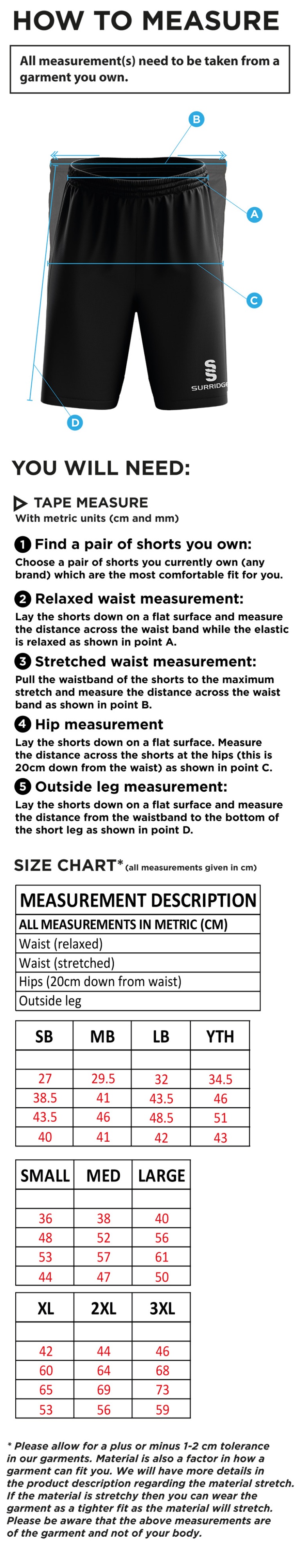 Chudleigh CC - Ripstop Short Navy - Size Guide