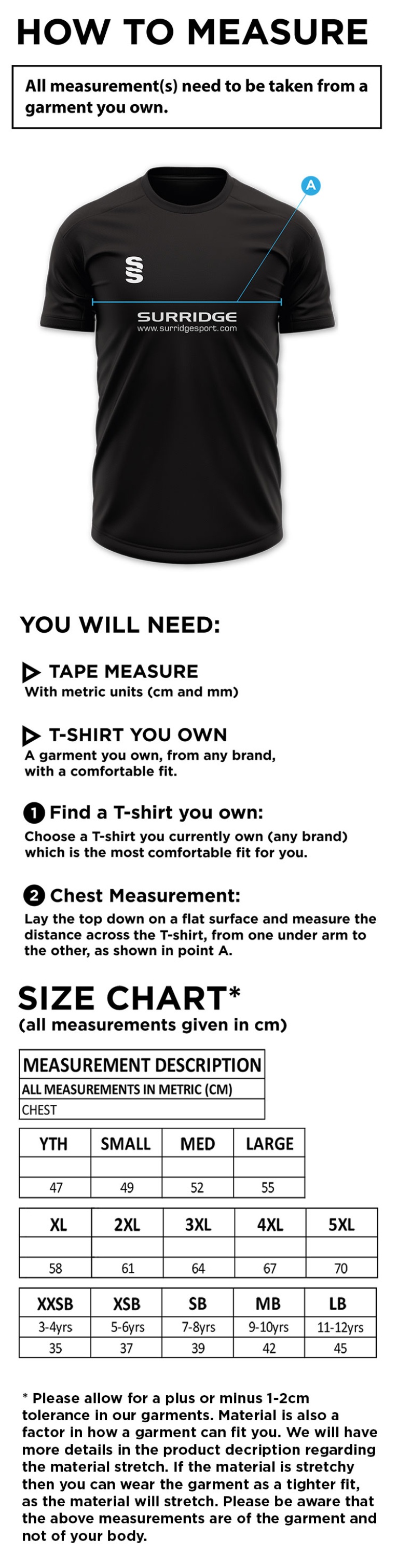 Chudleigh CC - Dual Blade T-shirt - Size Guide