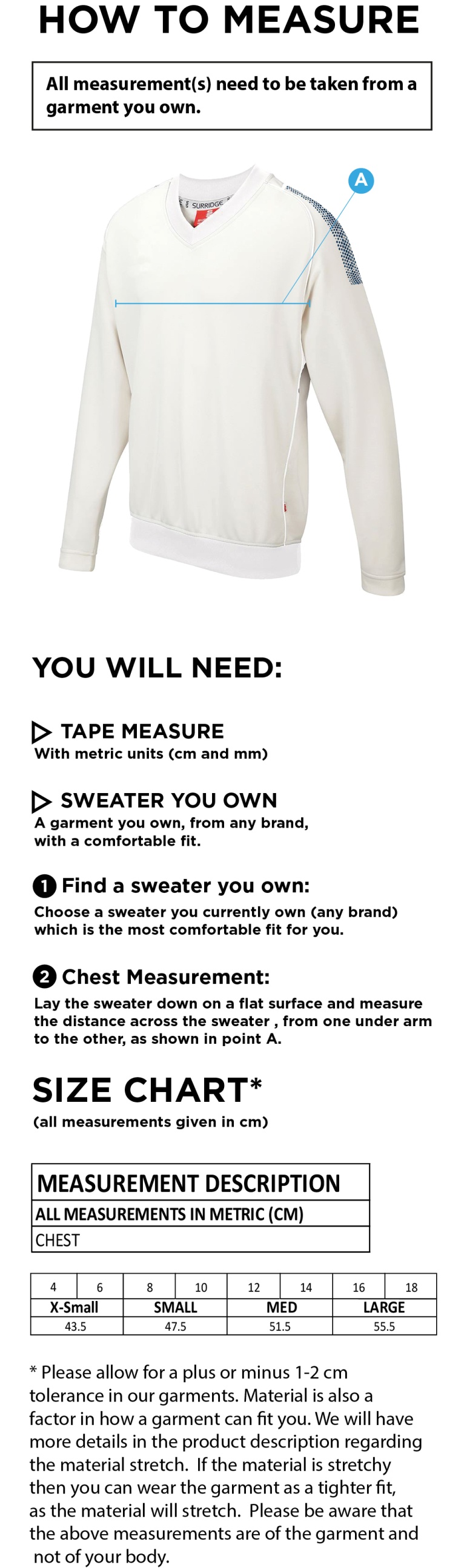 Chudleigh CC Blast Long Sleeve Women's Cricket Sweater - Size Guide