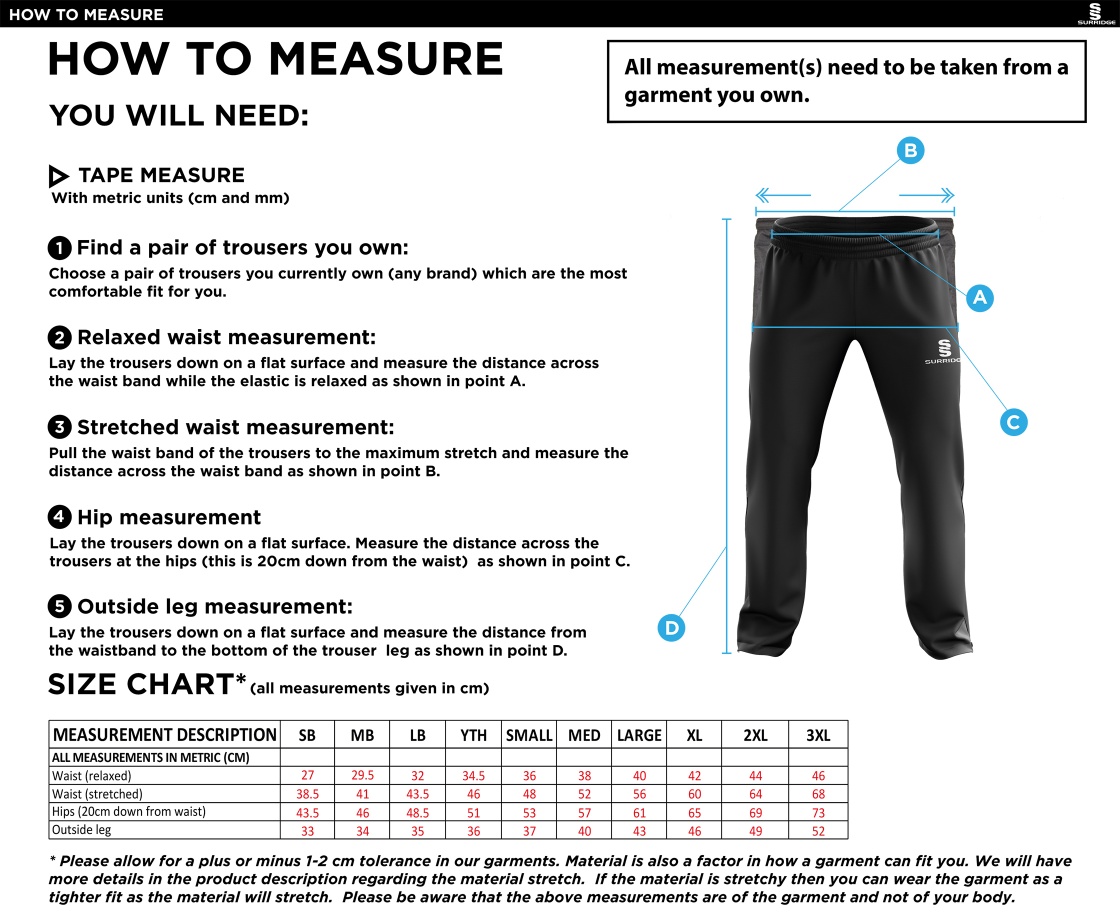 Chudleigh CC - Ripstop Track Pant Navy - Size Guide