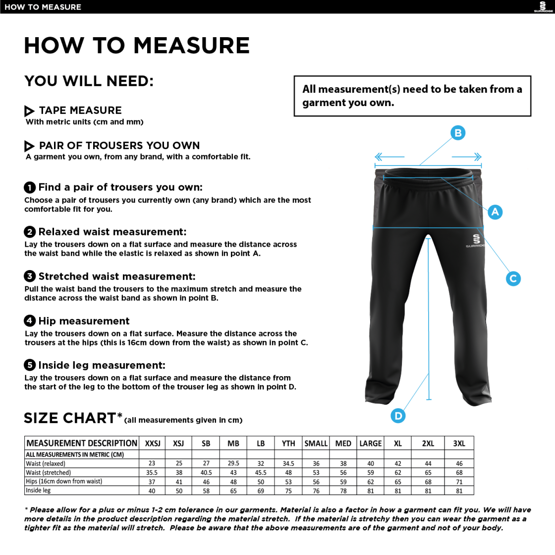 Chudleigh CC - Poplin Track Pant - Size Guide