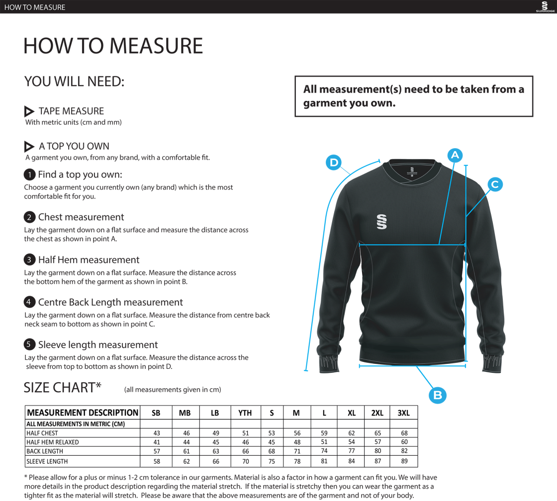 CHUDLEIGH CC Run Out Top : Navy - Size Guide