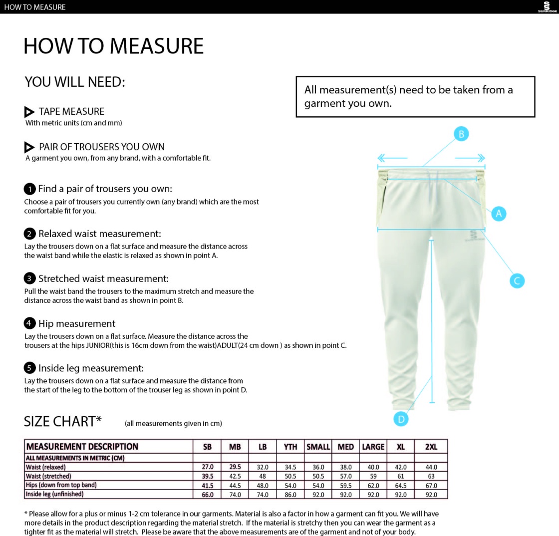 Chudleigh CC - Tek Playing Pant - Size Guide