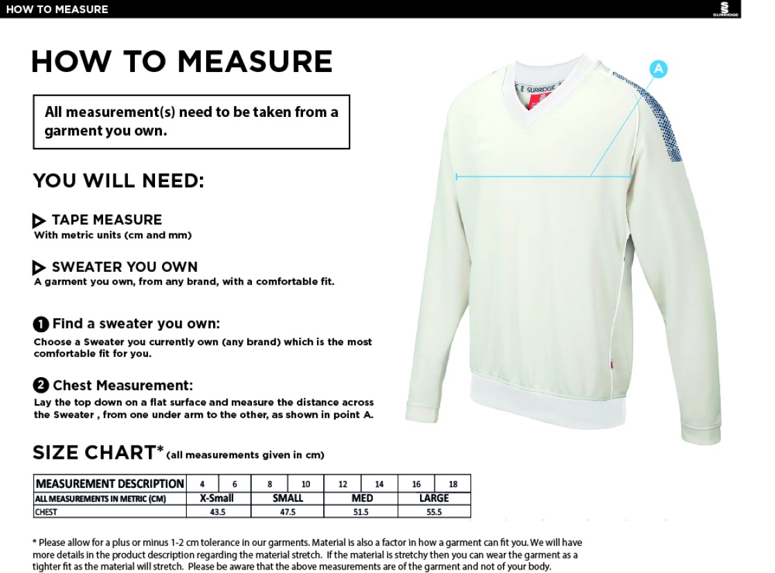 Chudleigh CC Blast Long Sleeve Women's Cricket Sweater - Size Guide