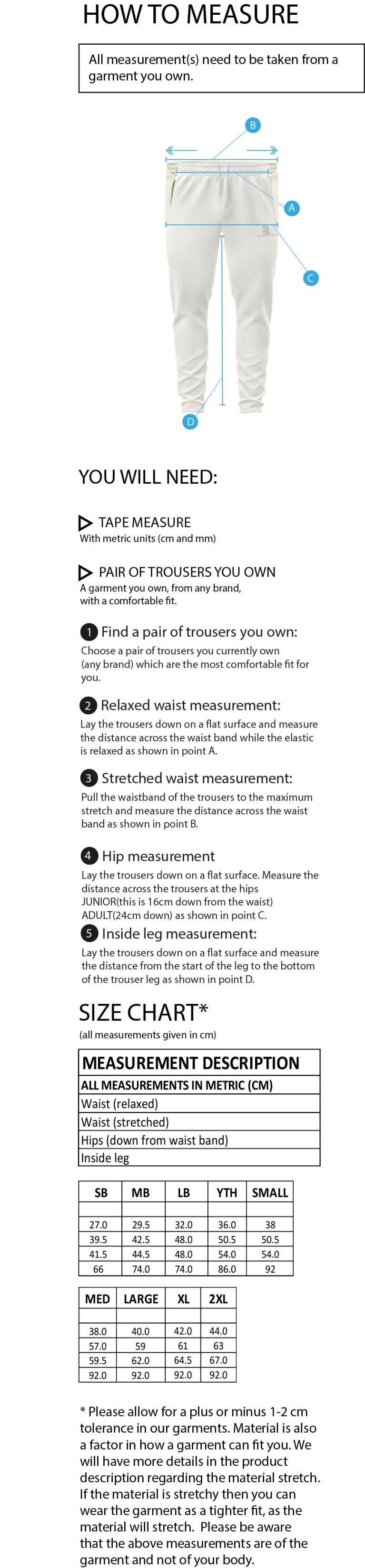 Chudleigh CC - Tek Playing Pant - Size Guide