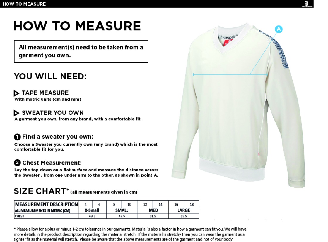 Chudleigh CC Blast Long Sleeve Women's Cricket Sweater - Size Guide